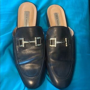 Steve Madden Black Leather Mules with Silver Accent